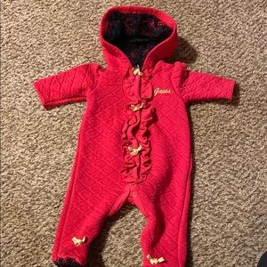 Guess Red Quilted Baby One Piece lace hood lining and feet. Size 0-3m